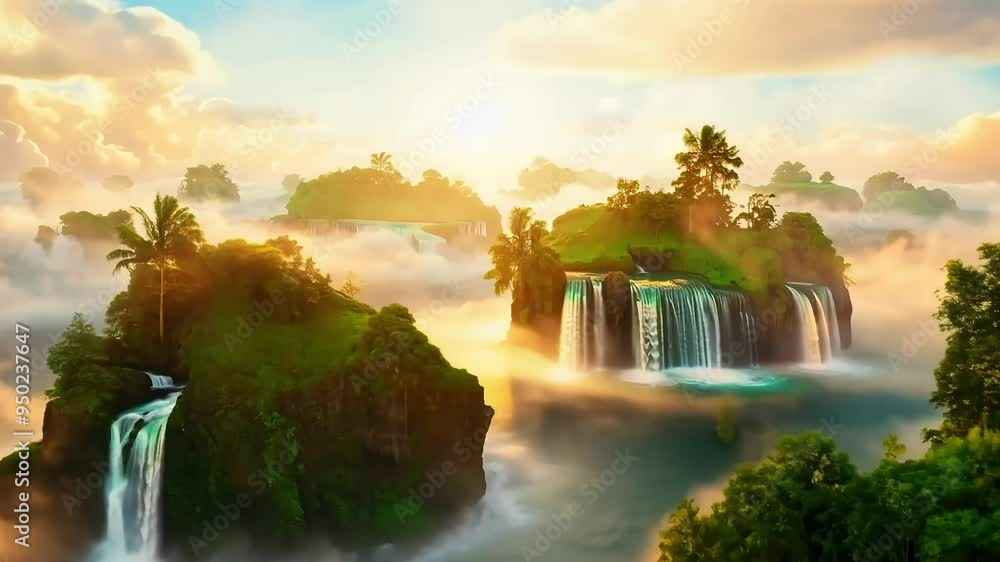 Aufkleber a series of floating islands, adorned with cascading waterfalls, create a mesmerizing scene of parad