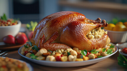 Perfectly roasted turkey served with stuffing and garnished with herbs