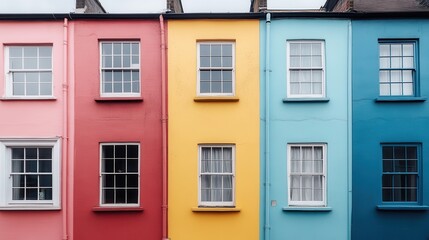 Fototapeta premium A row of vibrant vintage houses painted in unique colors including pink, red, yellow, and blue, with their windows reflecting the sky, showcase architectural charm.