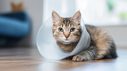 Cat sitting and wearing a veterinary cone. Concept of pet recovery, post-surgery healing, and veterinary care.
