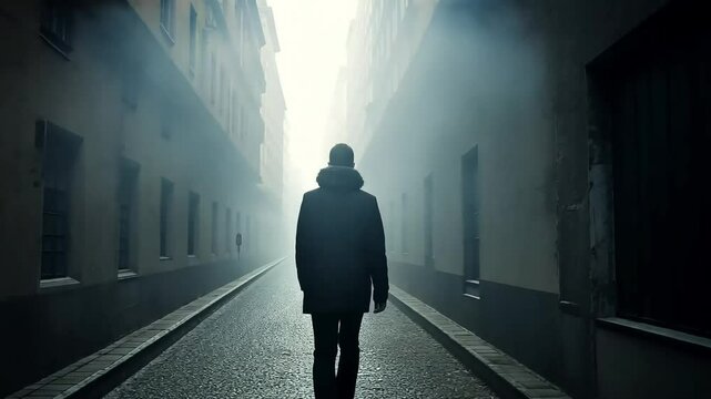 Silhouette, symbol of mystery, of a lone man walking down a foggy city street, towards a vanishing point