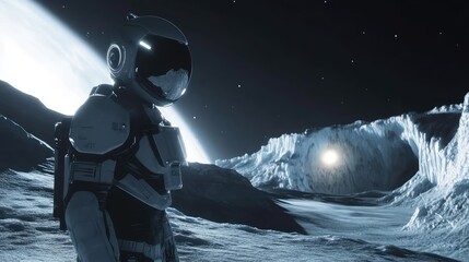 Naklejka premium Futuristic robot on the surface of Europa with a dramatic ice cave and Jupiter glowing in the background, illuminated by striking lighting.