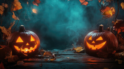 Halloween pumpkins in a spooky forest at night, mystical fog, Halloween background, generative ai