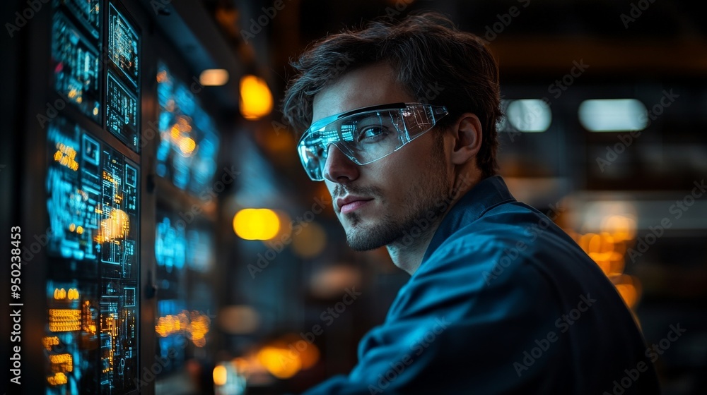 Aufkleber industrial precision: a focused engineer monitors data on a digital interface, showcasing the future