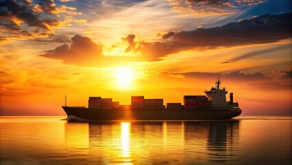 Obraz premium Cargo ship silhouette with containers under morning light on the sea, cargo ship, containers, sea freight