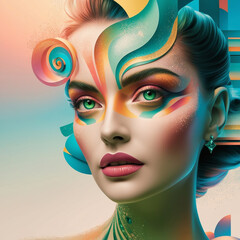 Fototapeta premium a fabulous photographic portrait of a woman's face, mesmerizingly executed in a mix of abstract minimalism, vector graphics and halftone surreal photography 