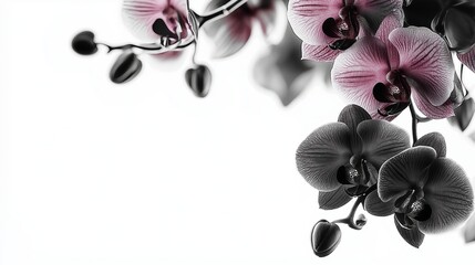 An abstract background featuring black and white orchids with pink highlights on a white backdrop, creating a serene and elegant composition © Roman Corneev