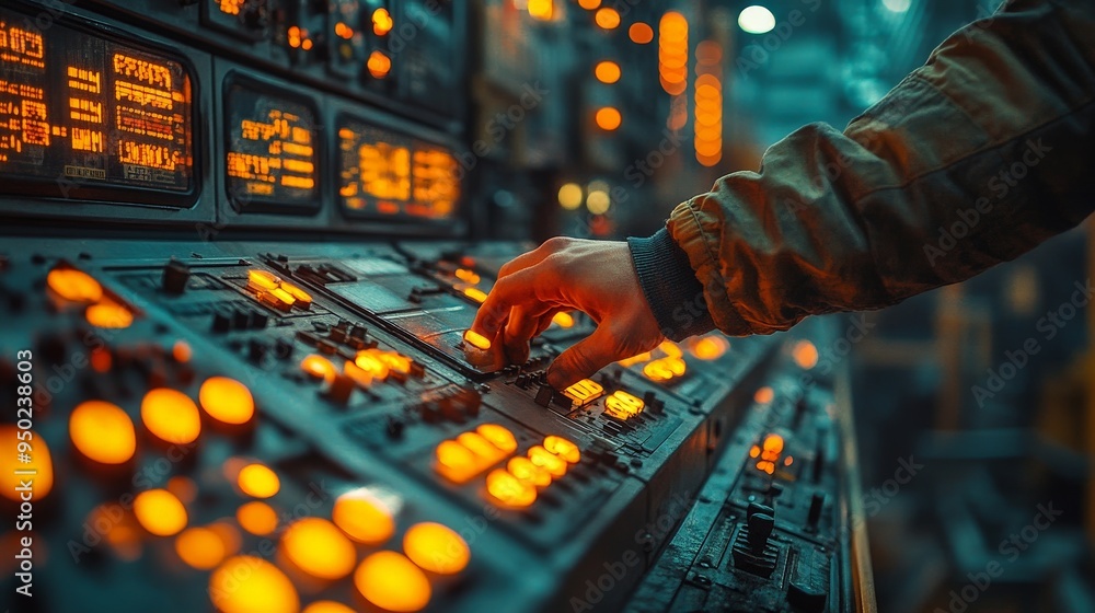 Poster control room focus: a close-up shot of a hand adjusting a control panel, capturing the intensity and