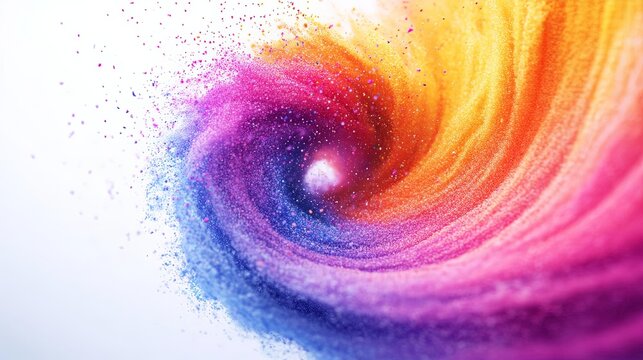A swirling burst of colorful powder, with vibrant hues and particles blending in midair, creating a dynamic sense of motion and energy on a clean white backdrop