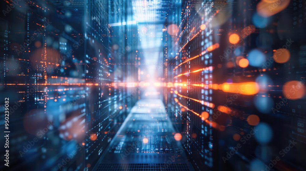 Poster a corridor of servers showcases vibrant data streams and glowing lights, highlighting activity in a 