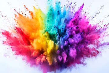 A vibrant cloud of multicolored powder, captured in a swirling explosion, with dynamic lighting and shadows enhancing the sense of depth against a white background