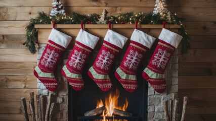 Christmas stockings hanging by a fireplace on a natural wood background