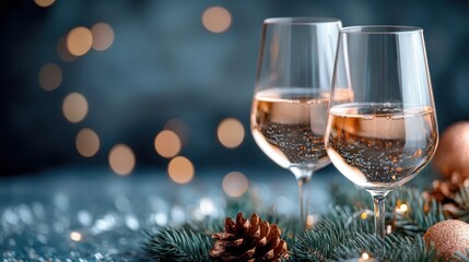 This image showcases two elegant wine glasses in a festive environment adorned with lights and decorations, epitomizing celebration, elegance, and an inviting atmosphere.