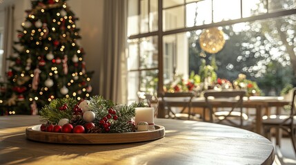 Home, dinner room, long tablein front of Christmas tree, round wooden tray with Christmas decorations, bright light, daytime, long view, clean