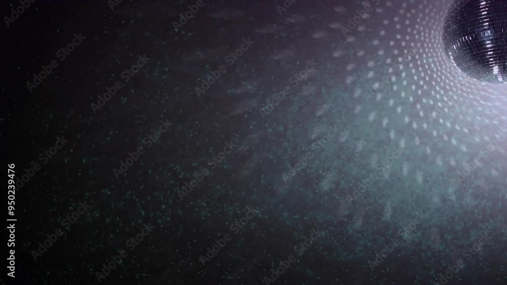 Poster disco ball with light reflections and particle animation on dark background