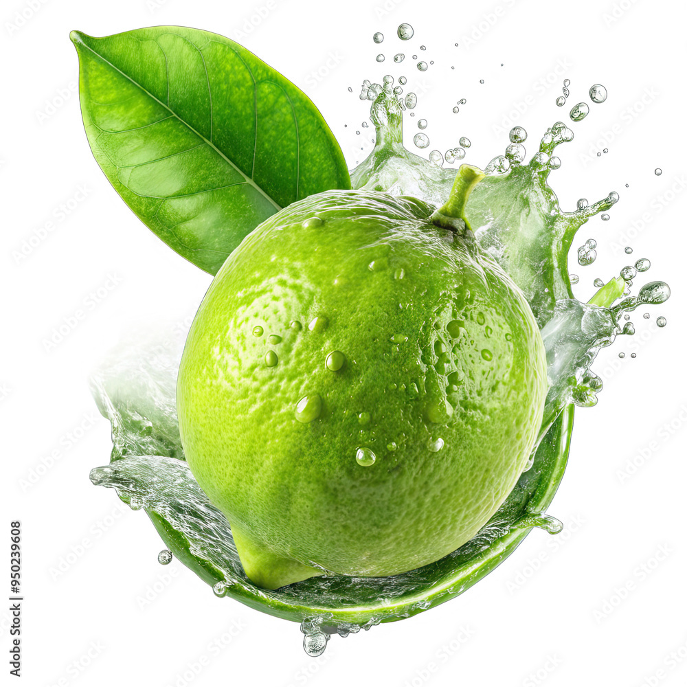 Poster a single green lemon with leaves is surrounded by a water splash, creating a vibrant and refreshing 