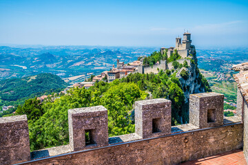 A view from the second tower ramparts over the north part of the fortified section of San Marino,...