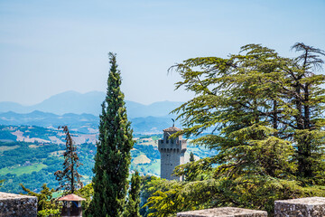 A view from the second tower towards the third tower in the fortified section of San Marino, Italy...
