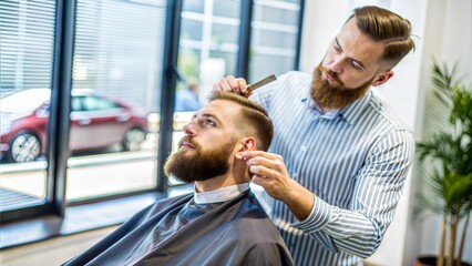 professional hairdresser working with client in baber