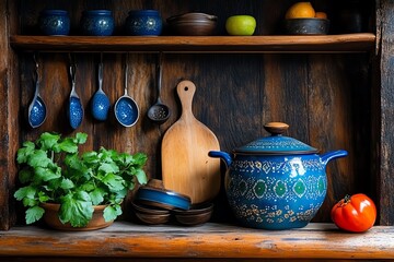 Antiques in a rustic kitchen, captured in a photo where old pots, pans, and utensils evoke the warmth and comfort of a traditional family kitchen