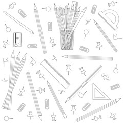 Seamless black and white pattern featuring school supplies like pencils, rulers, and paperclips. Ideal for coloring book designs.
