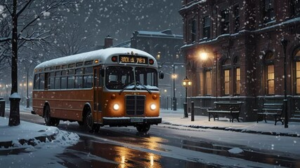 a vintage bus stopping on the street during snowfall, winter. Seamless looping 4k video animation
