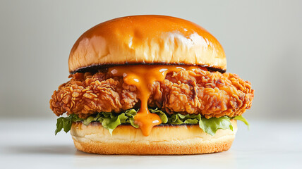 A close-up of a fried chicken sandwich dripping with sauce, warm hues, slightly abstract