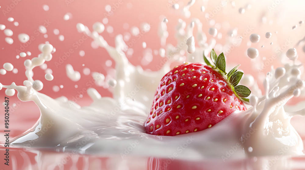 Poster fresh strawberry splash in milk