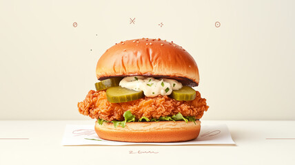 Fried chicken sandwich with pickles and aioli, styled as a vintage, muted colors