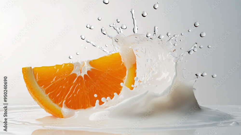 Wall mural orange slice splashing in milk