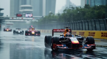 Fototapeta premium Formula Race Car Driving in Rain Cityscape Background