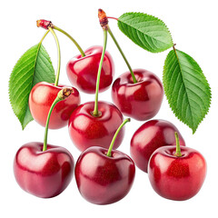 Nine ripe cherries, some with stems and leaves, arranged in various positions on a white background