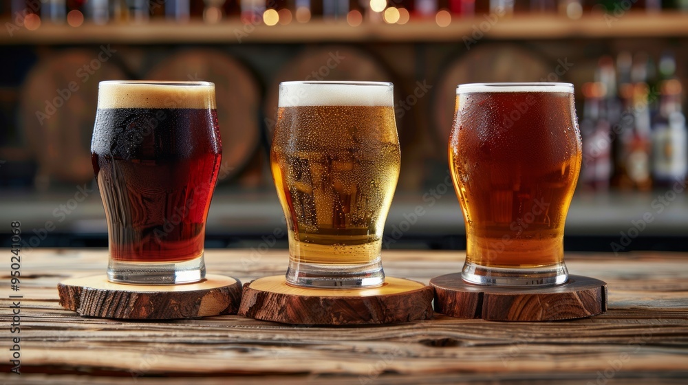 Poster three distinct glasses of beer lined up on rustic wooden coasters. each beer has a unique color and 