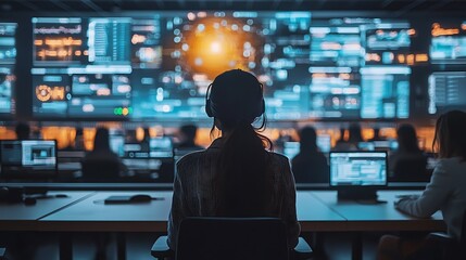 Fototapeta premium A woman at a computer in a control room, surrounded by monitors and focused on her work.