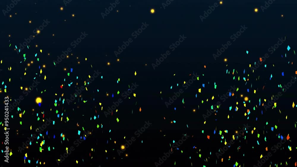 Wall mural Colorful confetti falling animation over dark background with glowing particles