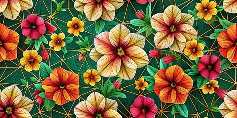 Delicate 4K minimal line art design features a vintage-inspired Calibrachoa floral pattern with intricate repeating shapes and lines.