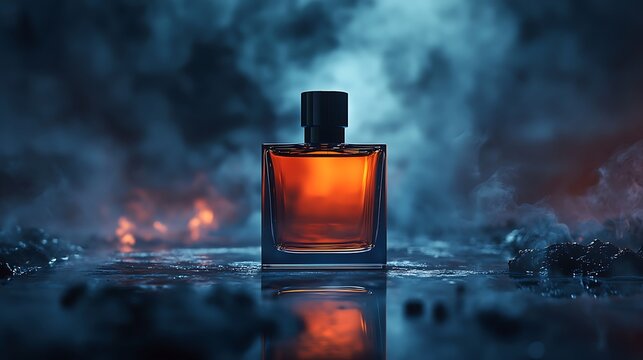 A perfume bottle set against a dramatic background of smoke and fire.
