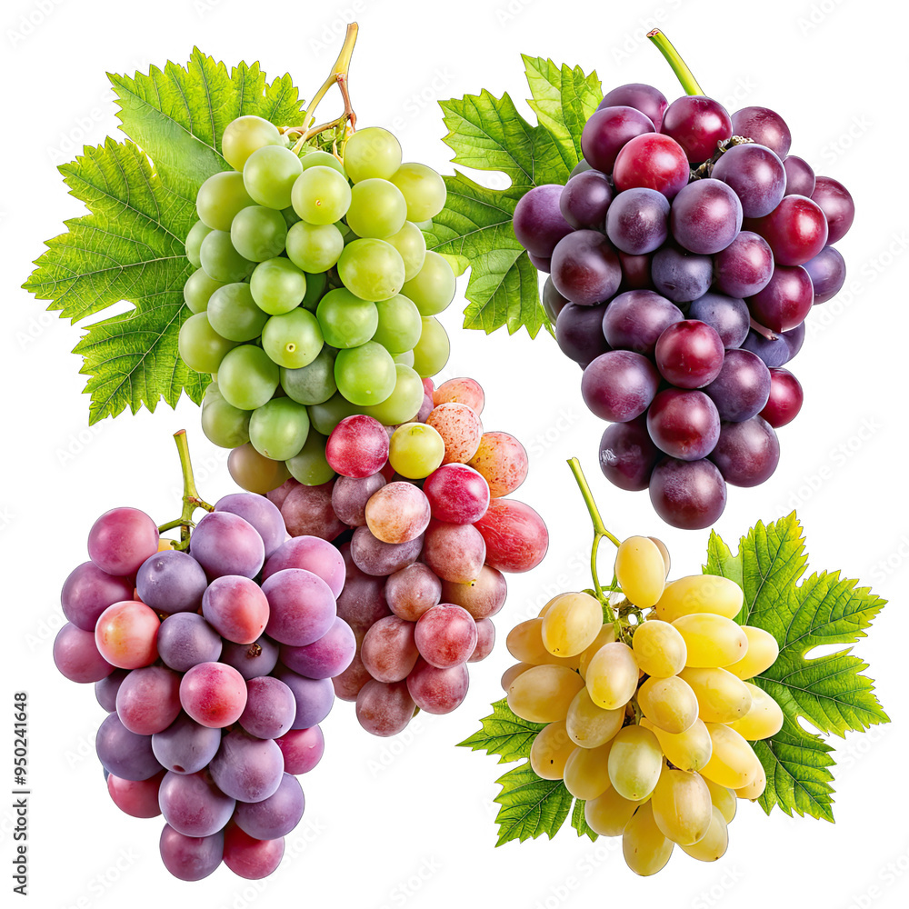 Poster five clusters of grapes in different colors and poses, isolated on a white background