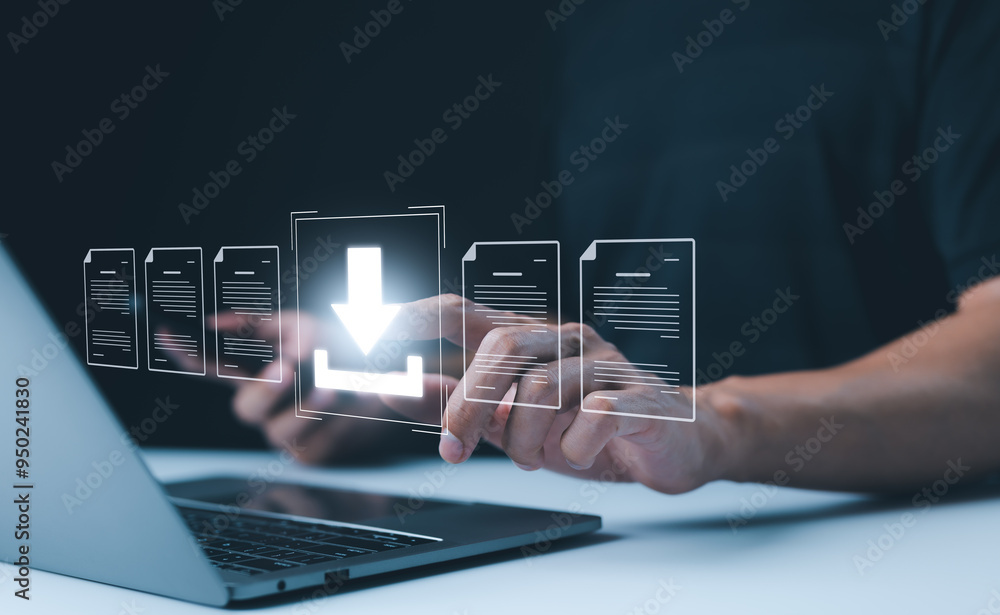 Poster digital file download and data transfer technology. person interacting with digital interface to dow