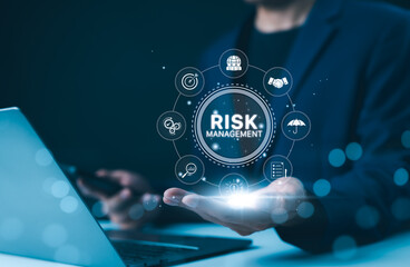Corporate risk management strategy concept. Businessman showing virtual risk management interface...