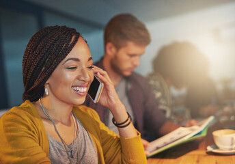 Night, phone call or happy woman in startup laughing at conversation in business, late shift or...