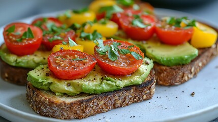 A delightful avocado toast garnished with cherry tomatoes and fragrant basil.