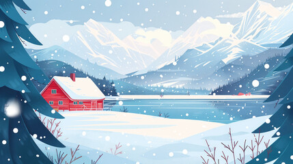 Snowflakes gently fall around a charming red cabin near a frozen lake, with majestic mountains in the background under a cloudy winter sky