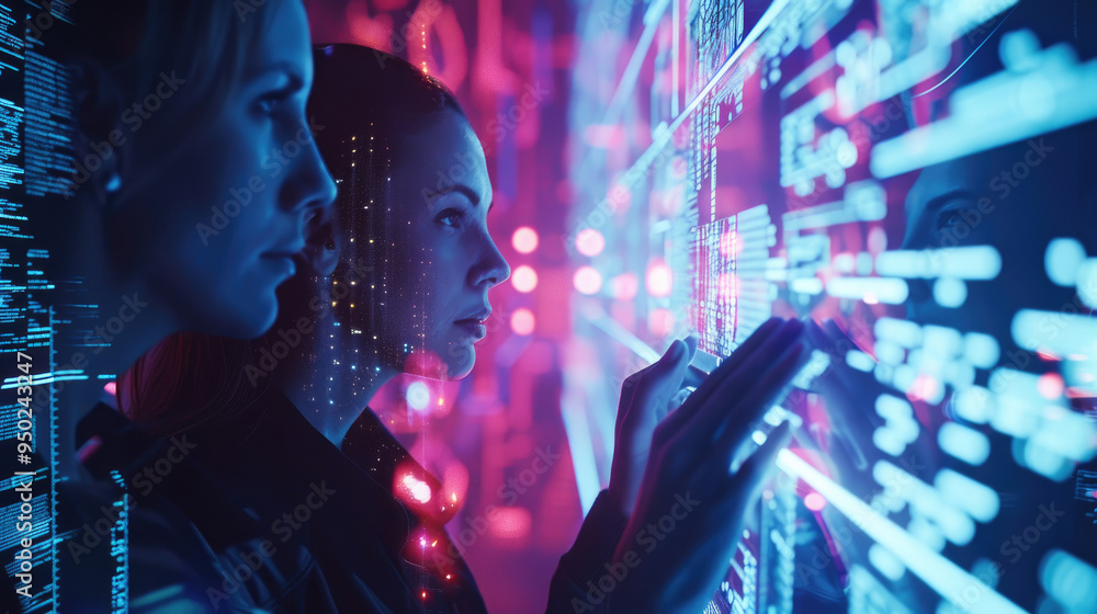 Poster two women focus intently on a high-tech display, interacting with dynamic digital data amid a colorf