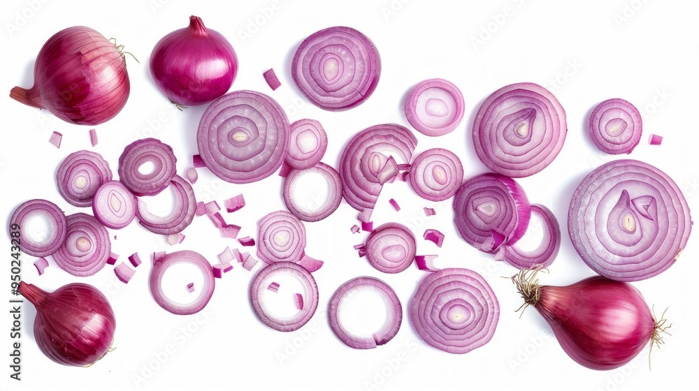 Wall mural Fresh red onions sliced in various shapes and sizes. Perfect for cooking or garnishing dishes. They add color, flavor, and texture. A versatile ingredient in many recipes. AI