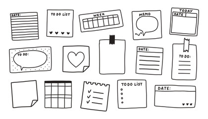 Simple sticky note set. Memo doodle. Blank square sheets of notepaper. A variety of paper stickers. Hand drawn isolated