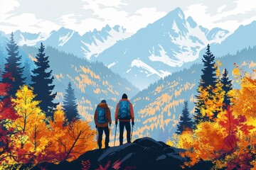 Fototapeta premium Hikers in a valley surrounded by colorful trees, fall adventure, flat design illustration.