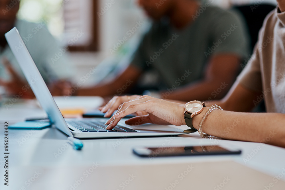 Aufkleber hands, typing and woman in office with laptop for email, communication and business networking. star