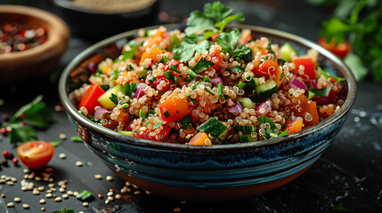 Bowl of quinoa salad with mixed vegetables and a sprinkle of seeds