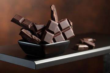 Broken dark chocolate bar in small black dish.